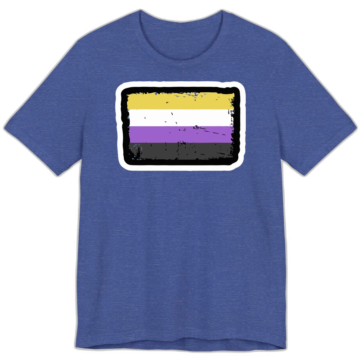 Nonbinary pride flag design with yellow, white, purple, and gray horizontal stripes in distressed grunge style in Heather True Royal