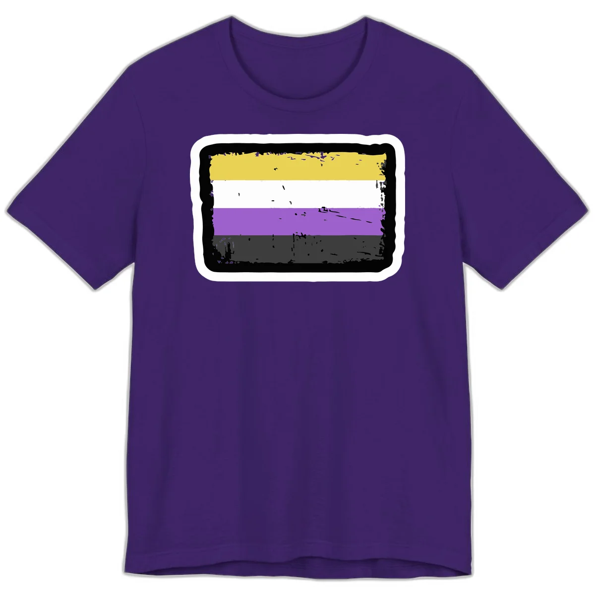 Nonbinary pride flag design with yellow, white, purple, and gray horizontal stripes in distressed grunge style in Team Purple