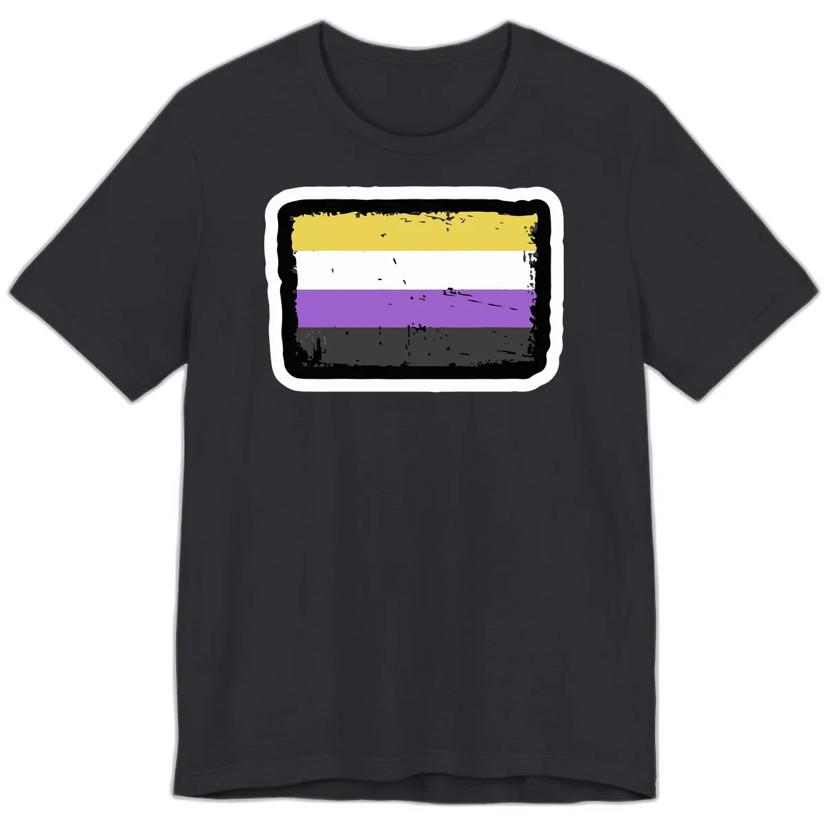 Nonbinary pride flag design with yellow, white, purple, and gray horizontal stripes in distressed grunge style in Vintage Black