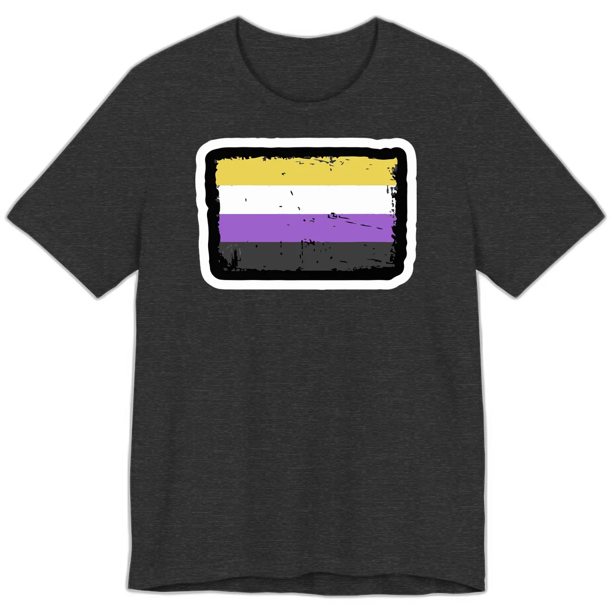 Nonbinary pride flag design with yellow, white, purple, and gray horizontal stripes in distressed grunge style in Dark Grey Heather