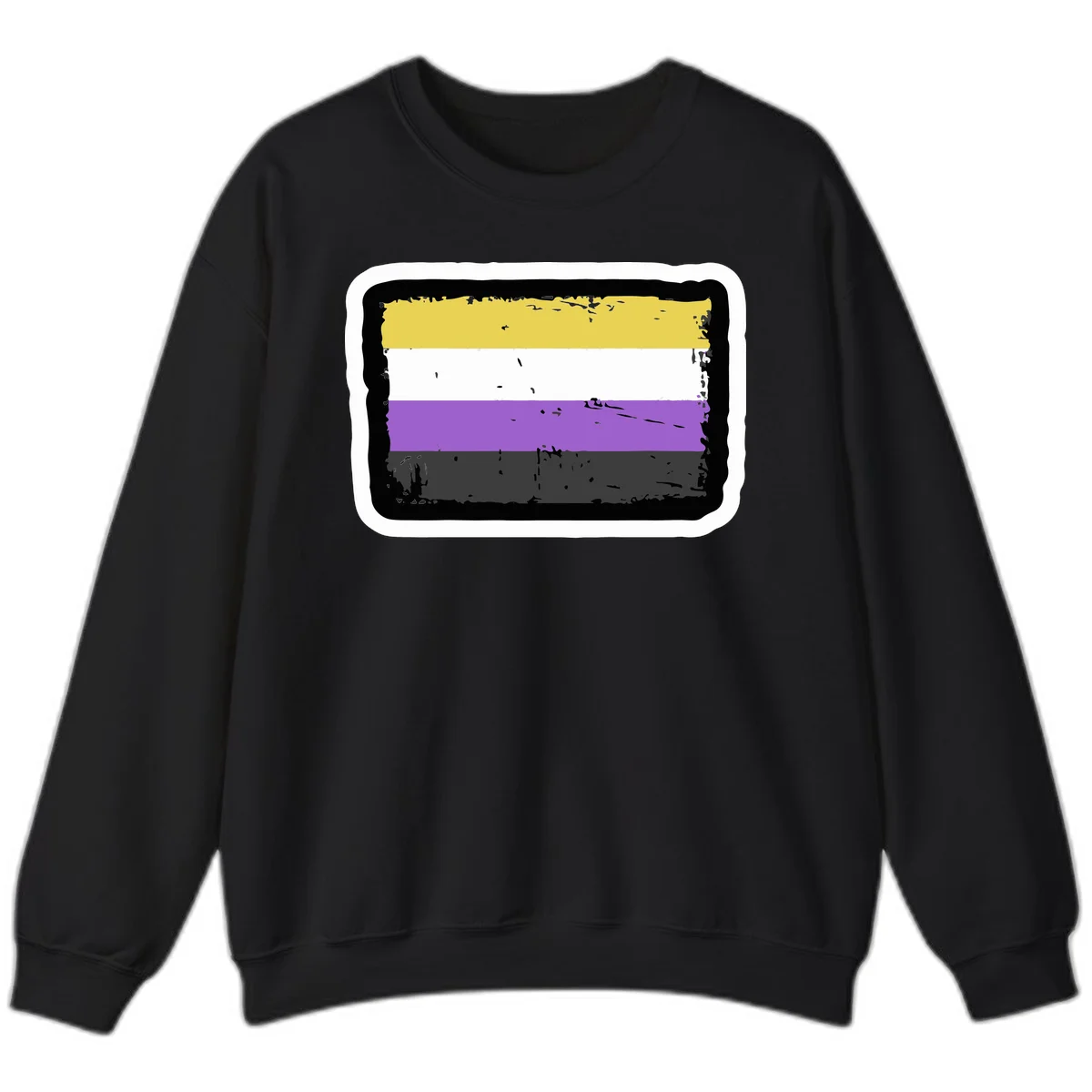 Nonbinary pride flag design with yellow, white, purple, and gray horizontal stripes in distressed grunge style in Black