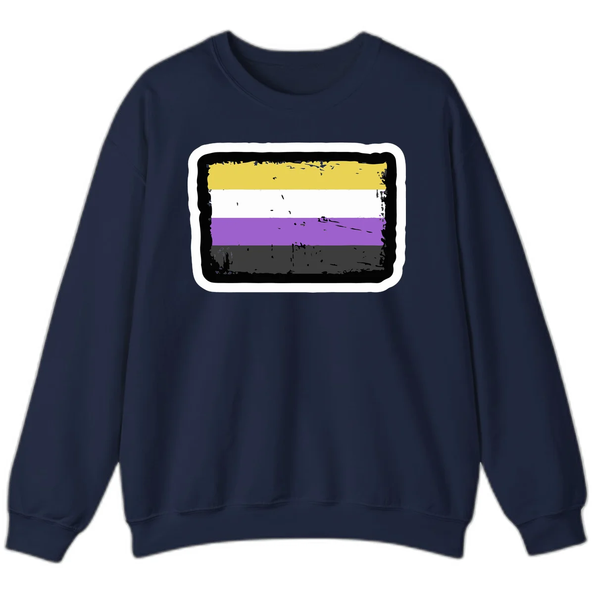 Nonbinary pride flag design with yellow, white, purple, and gray horizontal stripes in distressed grunge style in Navy