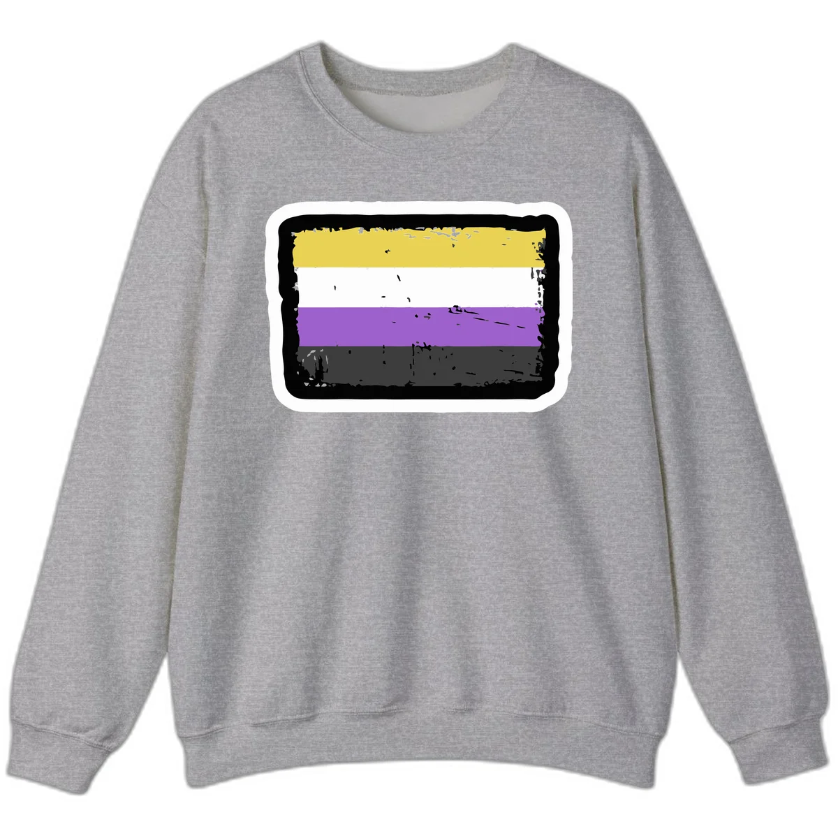 Nonbinary pride flag design with yellow, white, purple, and gray horizontal stripes in distressed grunge style in Sport Grey
