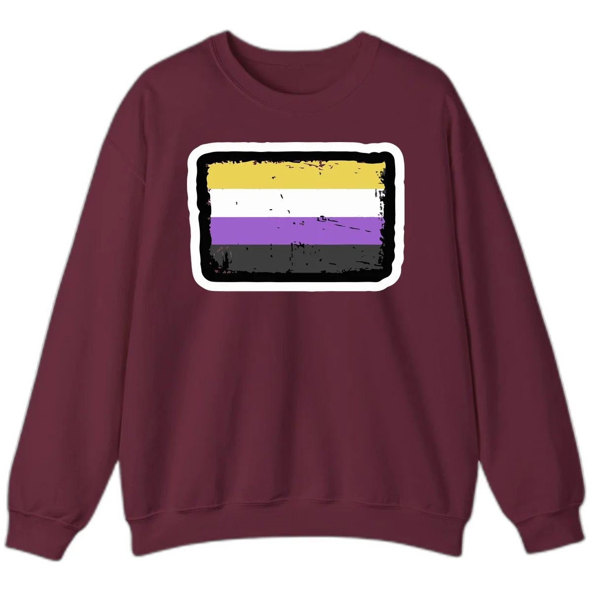 Nonbinary pride flag design with yellow, white, purple, and gray horizontal stripes in distressed grunge style in Maroon