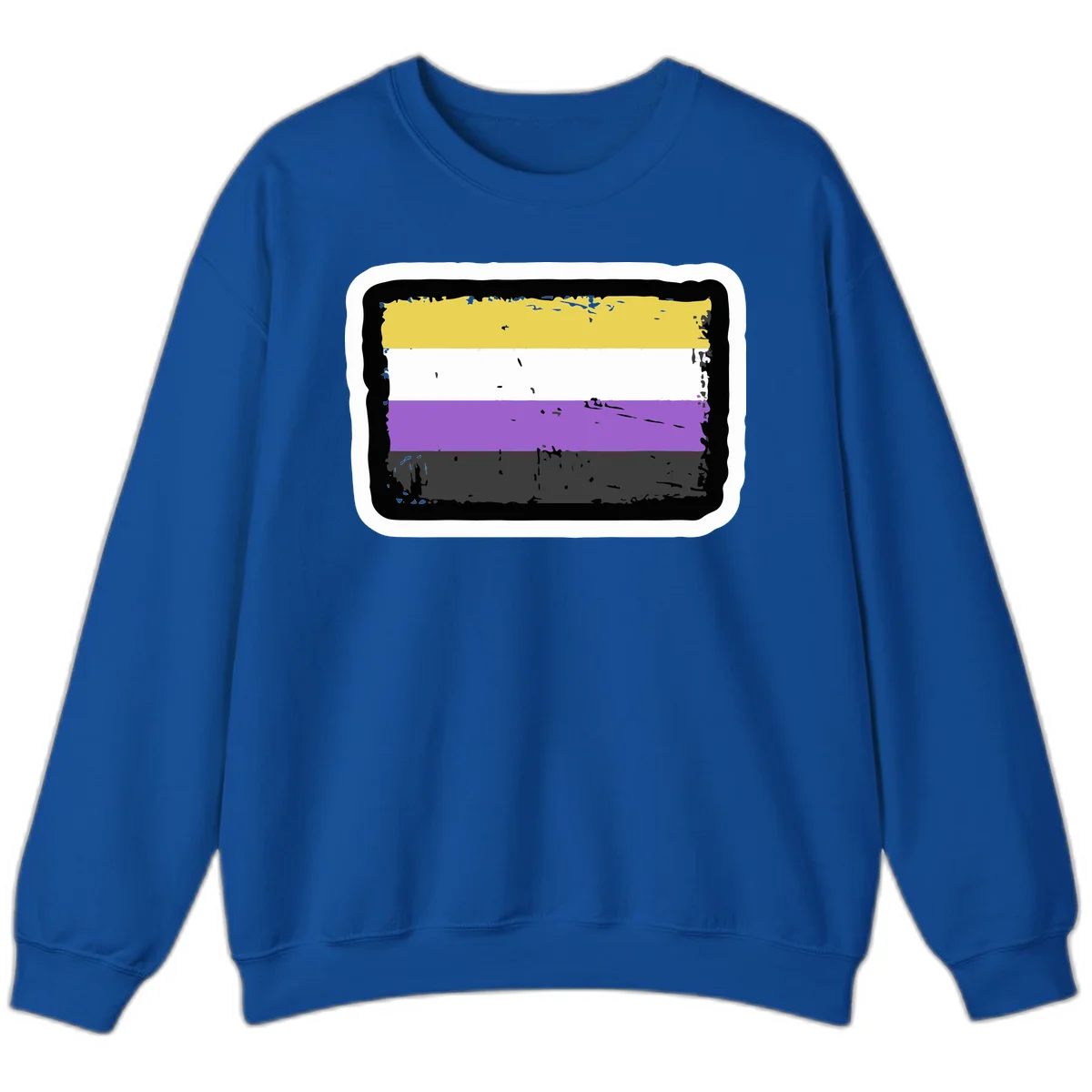 Nonbinary pride flag design with yellow, white, purple, and gray horizontal stripes in distressed grunge style in Royal
