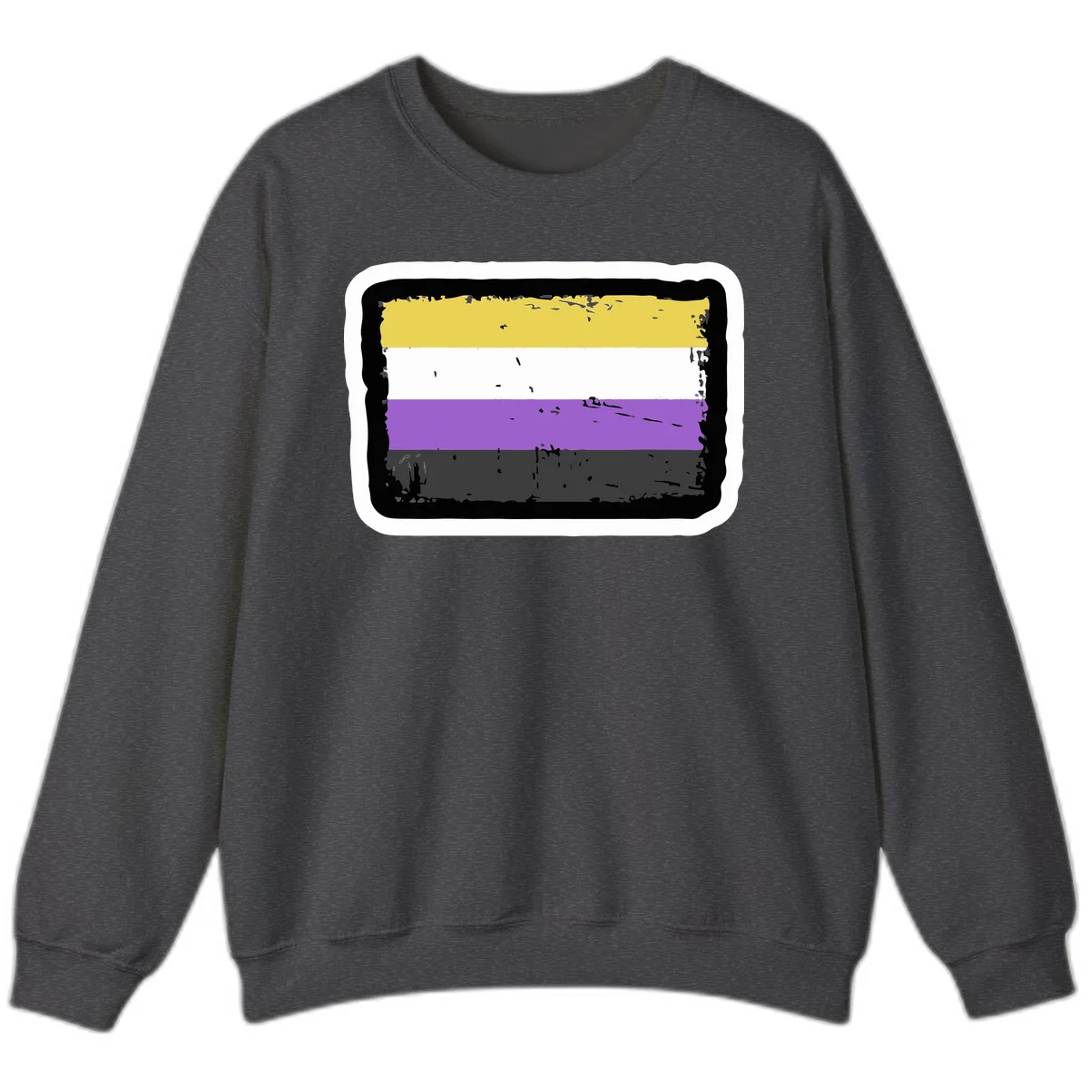 Nonbinary pride flag design with yellow, white, purple, and gray horizontal stripes in distressed grunge style in Dark Heather