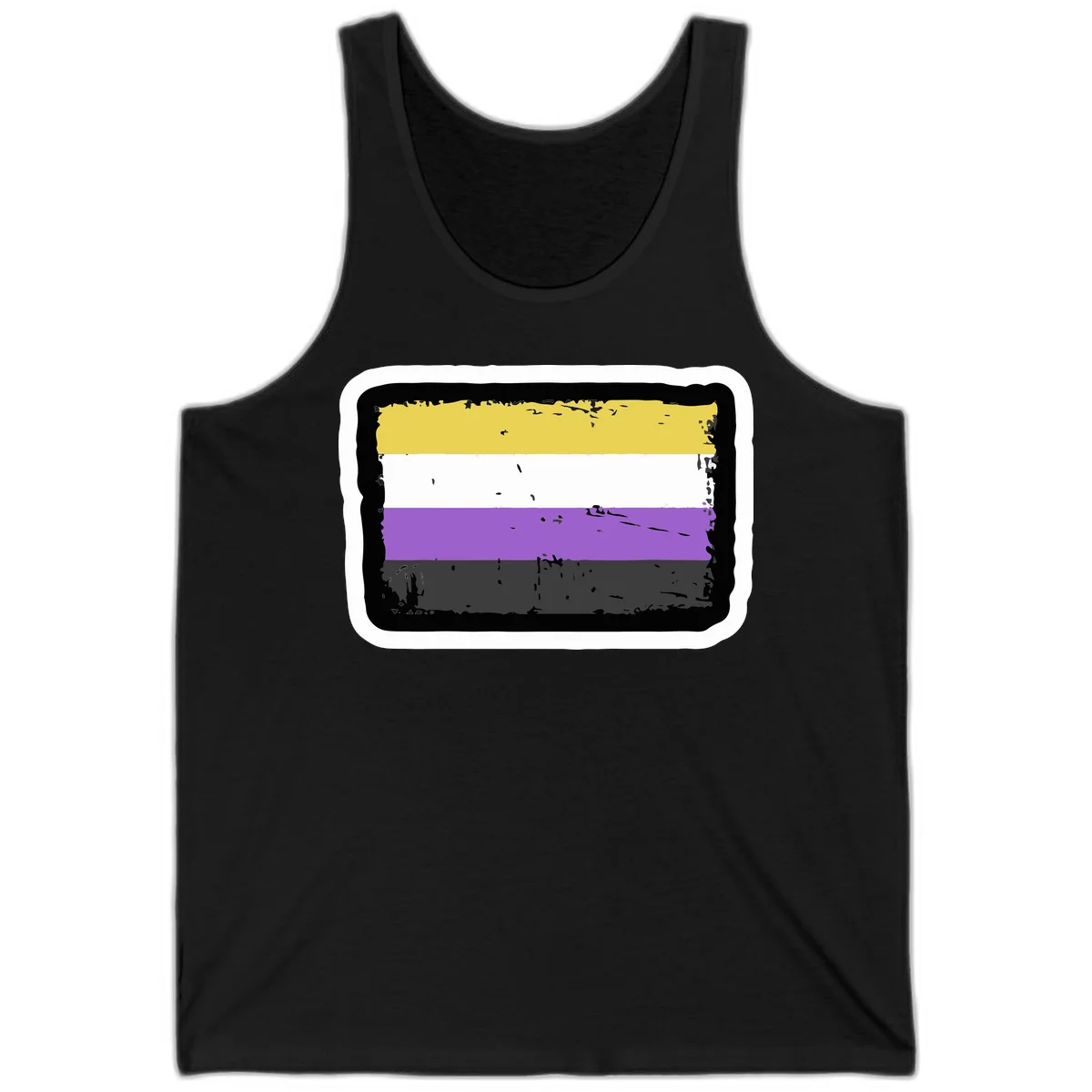 Nonbinary pride flag design with yellow, white, purple, and gray horizontal stripes in distressed grunge style in Black