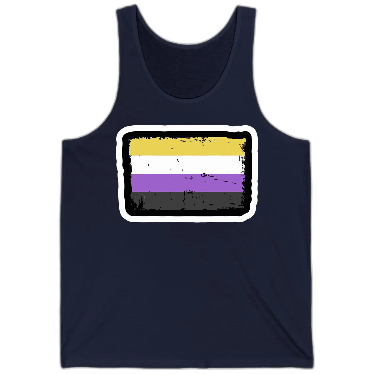 Nonbinary pride flag design with yellow, white, purple, and gray horizontal stripes in distressed grunge style in Navy