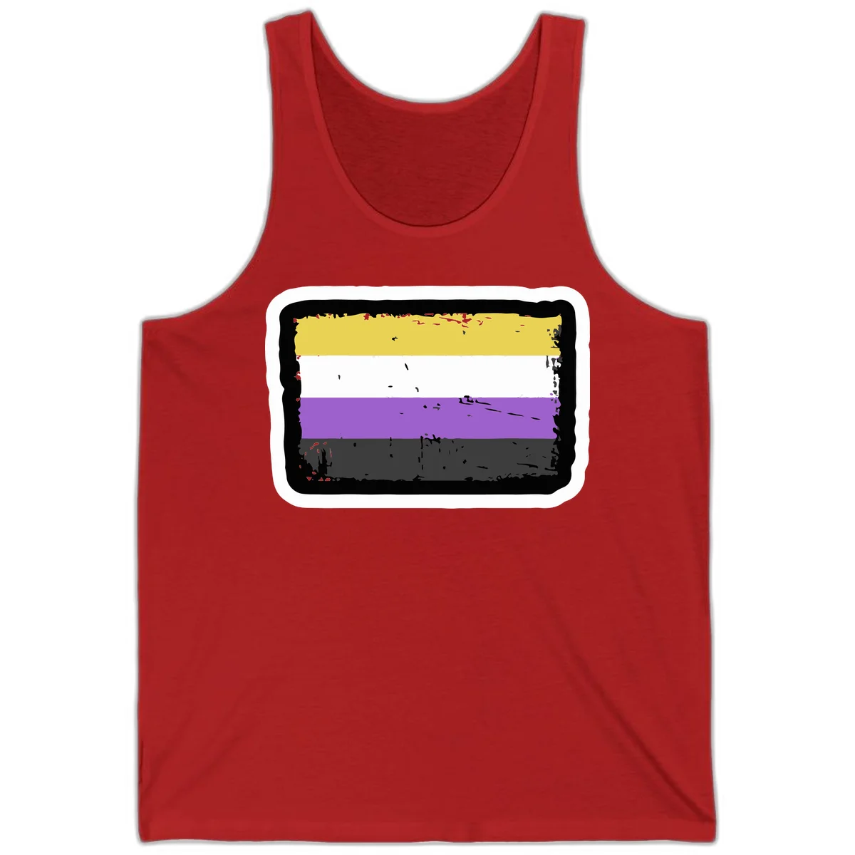Nonbinary pride flag design with yellow, white, purple, and gray horizontal stripes in distressed grunge style in Red
