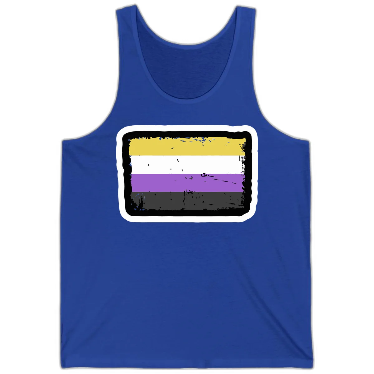 Nonbinary pride flag design with yellow, white, purple, and gray horizontal stripes in distressed grunge style in True Royal