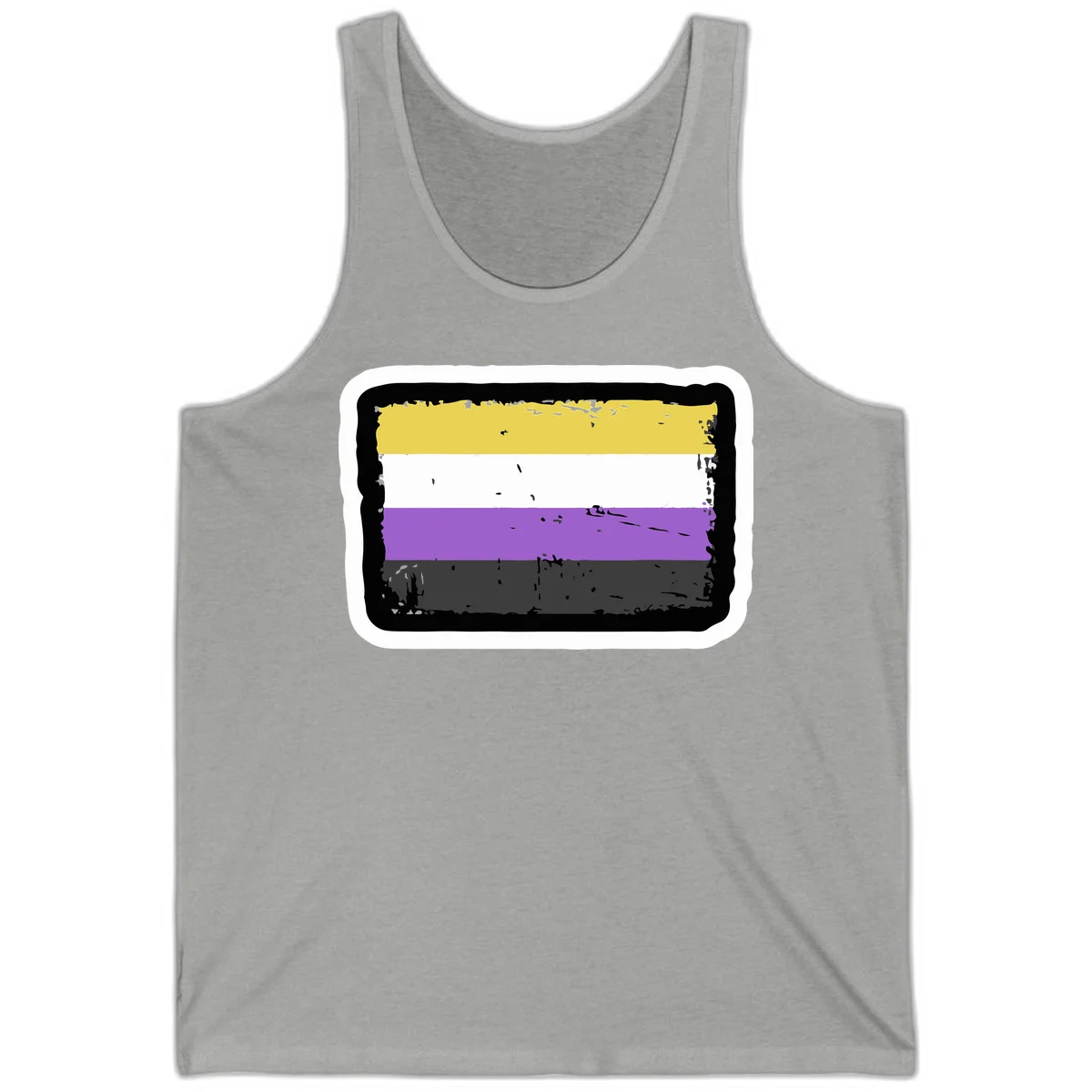 Nonbinary pride flag design with yellow, white, purple, and gray horizontal stripes in distressed grunge style in Athletic Heather