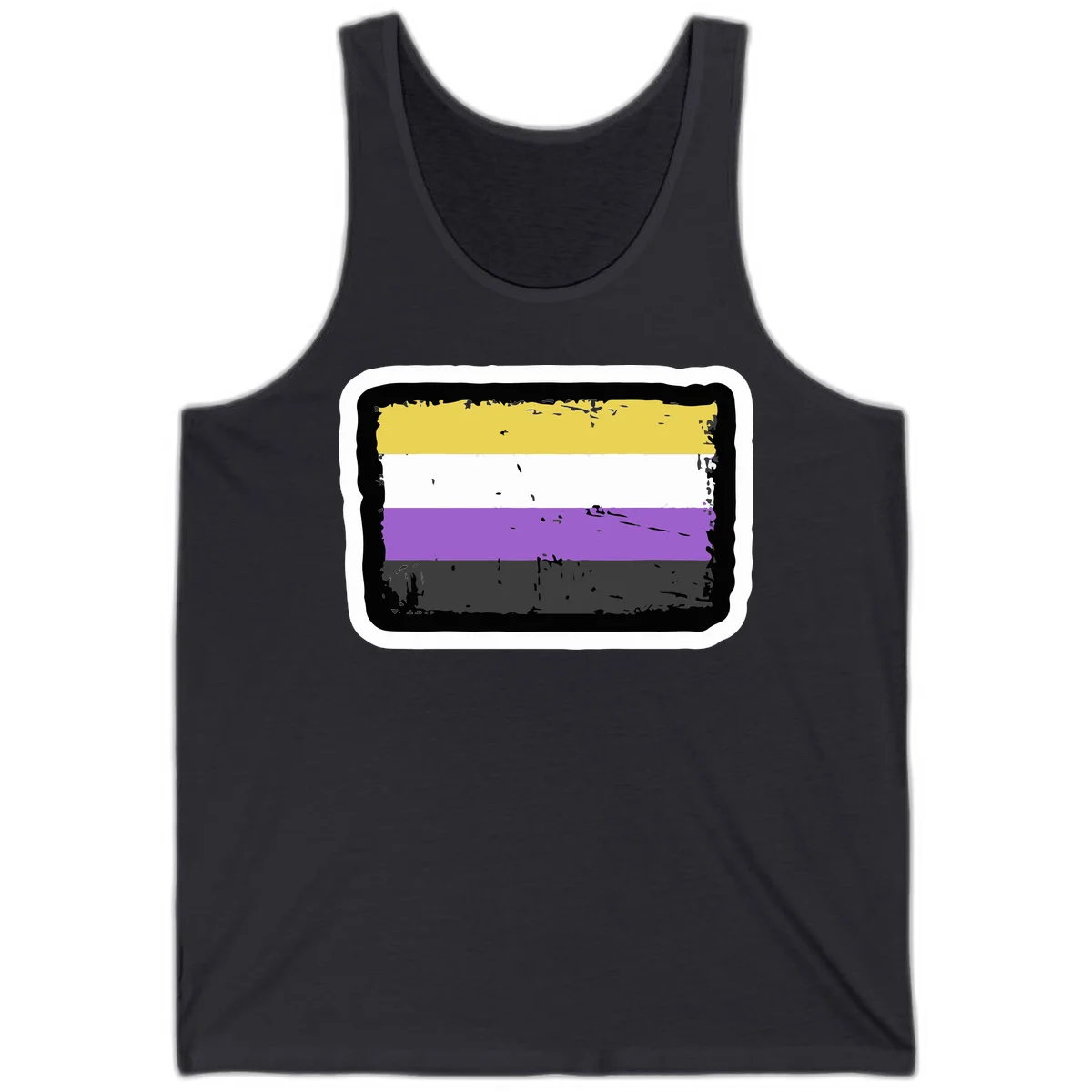 Nonbinary pride flag design with yellow, white, purple, and gray horizontal stripes in distressed grunge style in Dark Grey