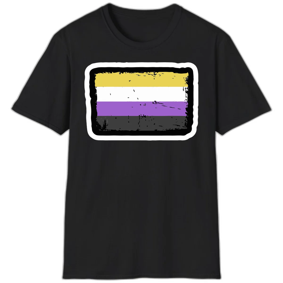 Nonbinary pride flag design with yellow, white, purple, and gray horizontal stripes in distressed grunge style in Black