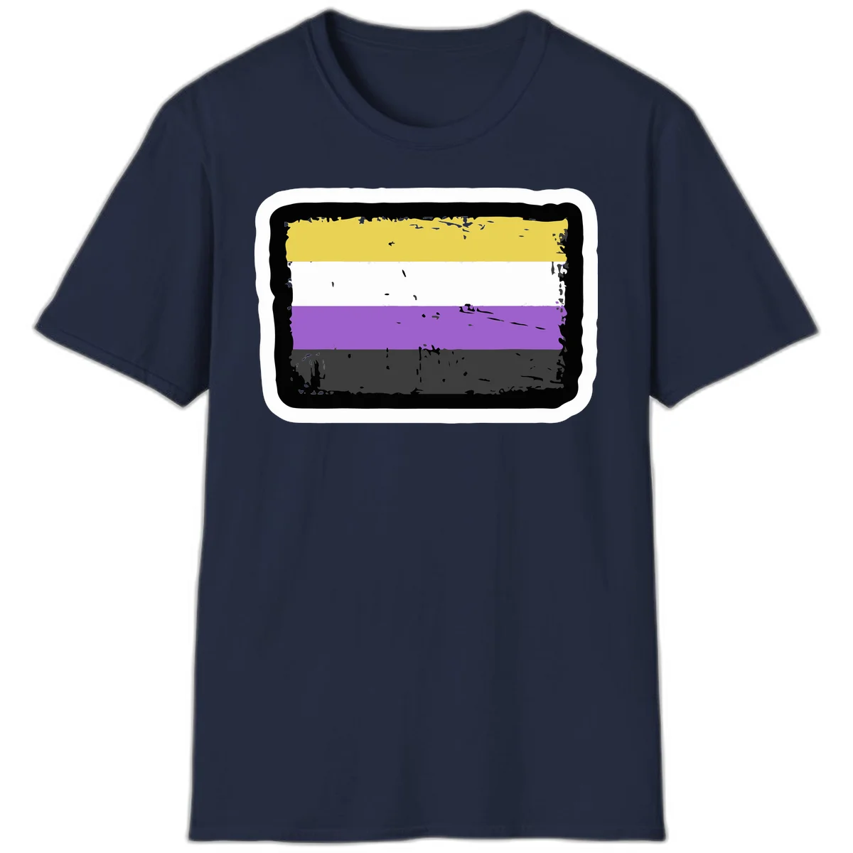 Nonbinary pride flag design with yellow, white, purple, and gray horizontal stripes in distressed grunge style in Navy