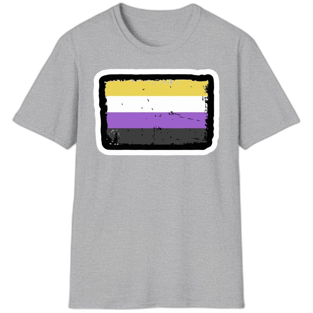 Nonbinary pride flag design with yellow, white, purple, and gray horizontal stripes in distressed grunge style in Sport Grey