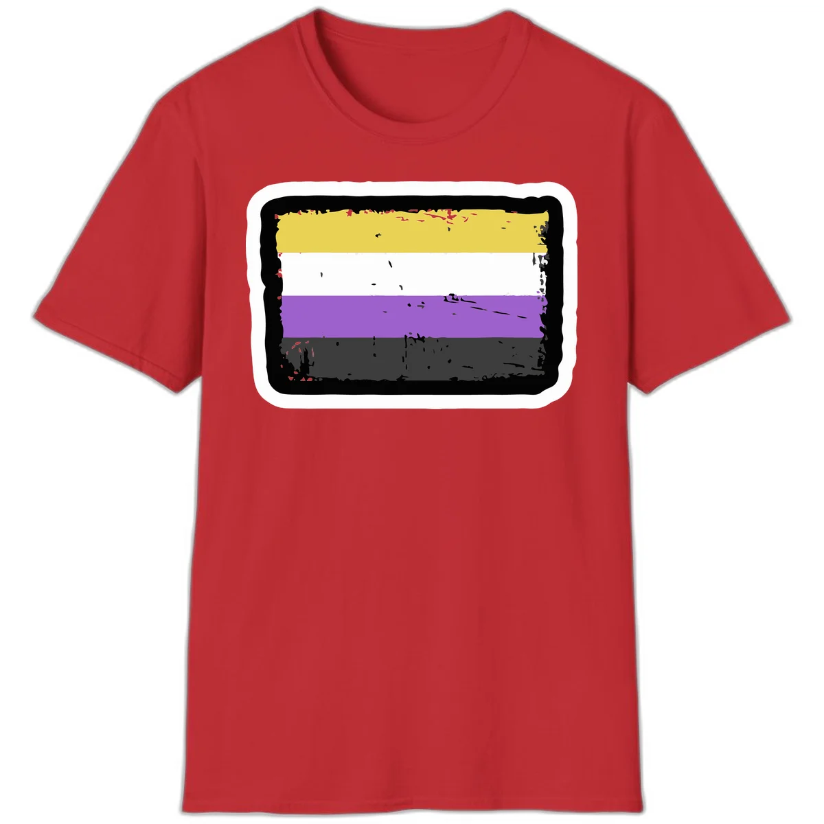 Nonbinary pride flag design with yellow, white, purple, and gray horizontal stripes in distressed grunge style in Red