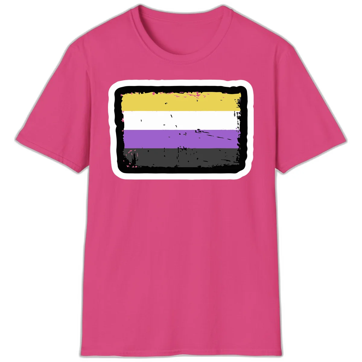 Nonbinary pride flag design with yellow, white, purple, and gray horizontal stripes in distressed grunge style in Heliconia