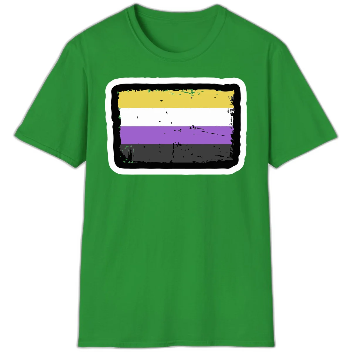 Nonbinary pride flag design with yellow, white, purple, and gray horizontal stripes in distressed grunge style in Irish Green