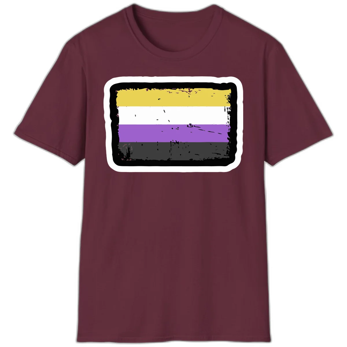 Nonbinary pride flag design with yellow, white, purple, and gray horizontal stripes in distressed grunge style in Maroon