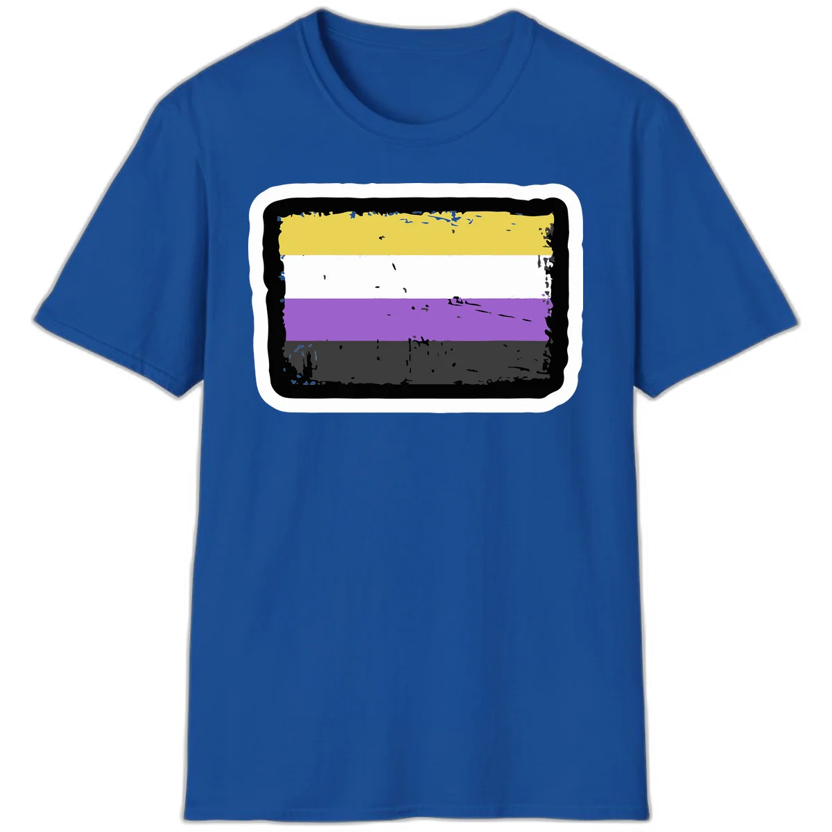 Nonbinary pride flag design with yellow, white, purple, and gray horizontal stripes in distressed grunge style in Royal