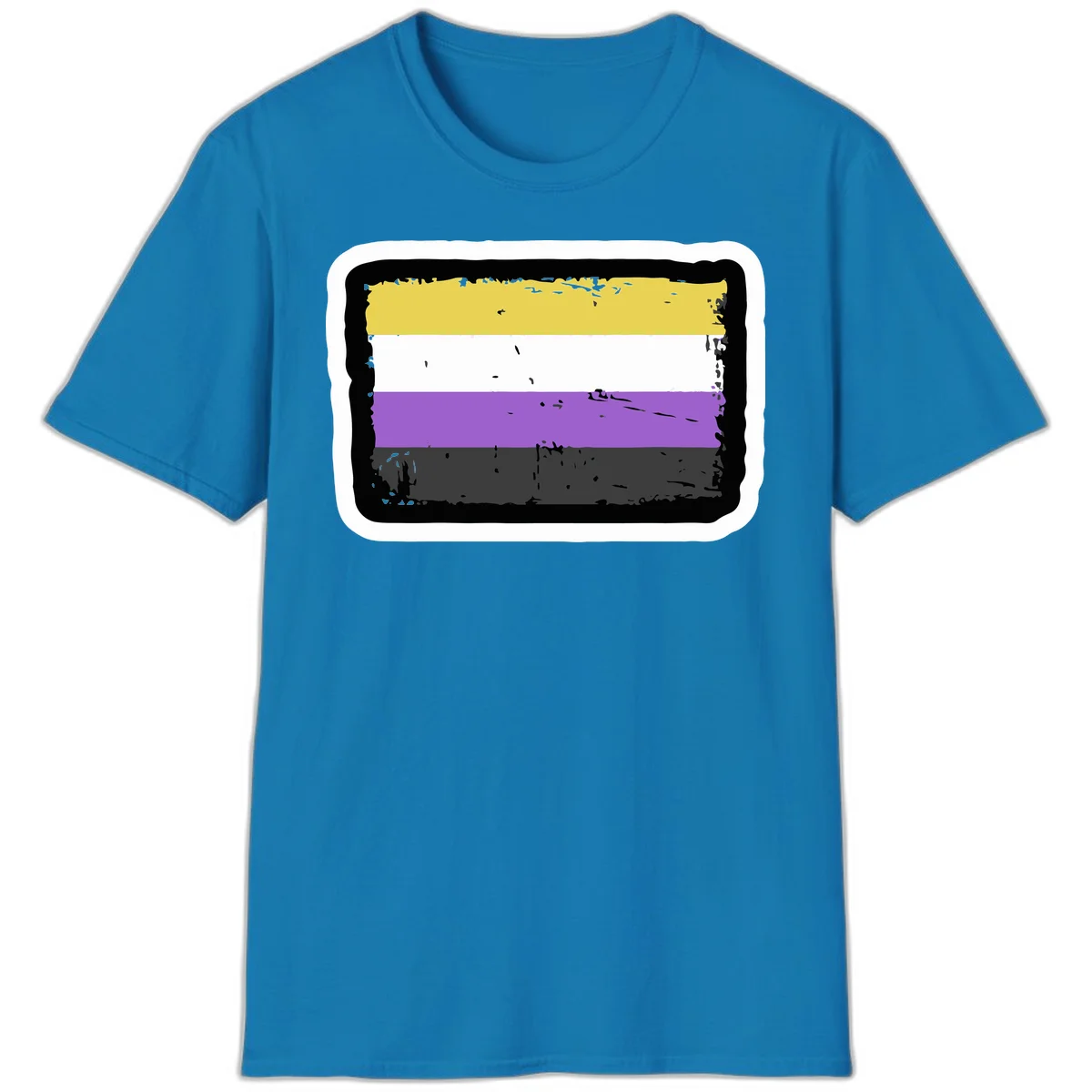 Nonbinary pride flag design with yellow, white, purple, and gray horizontal stripes in distressed grunge style in Sapphire