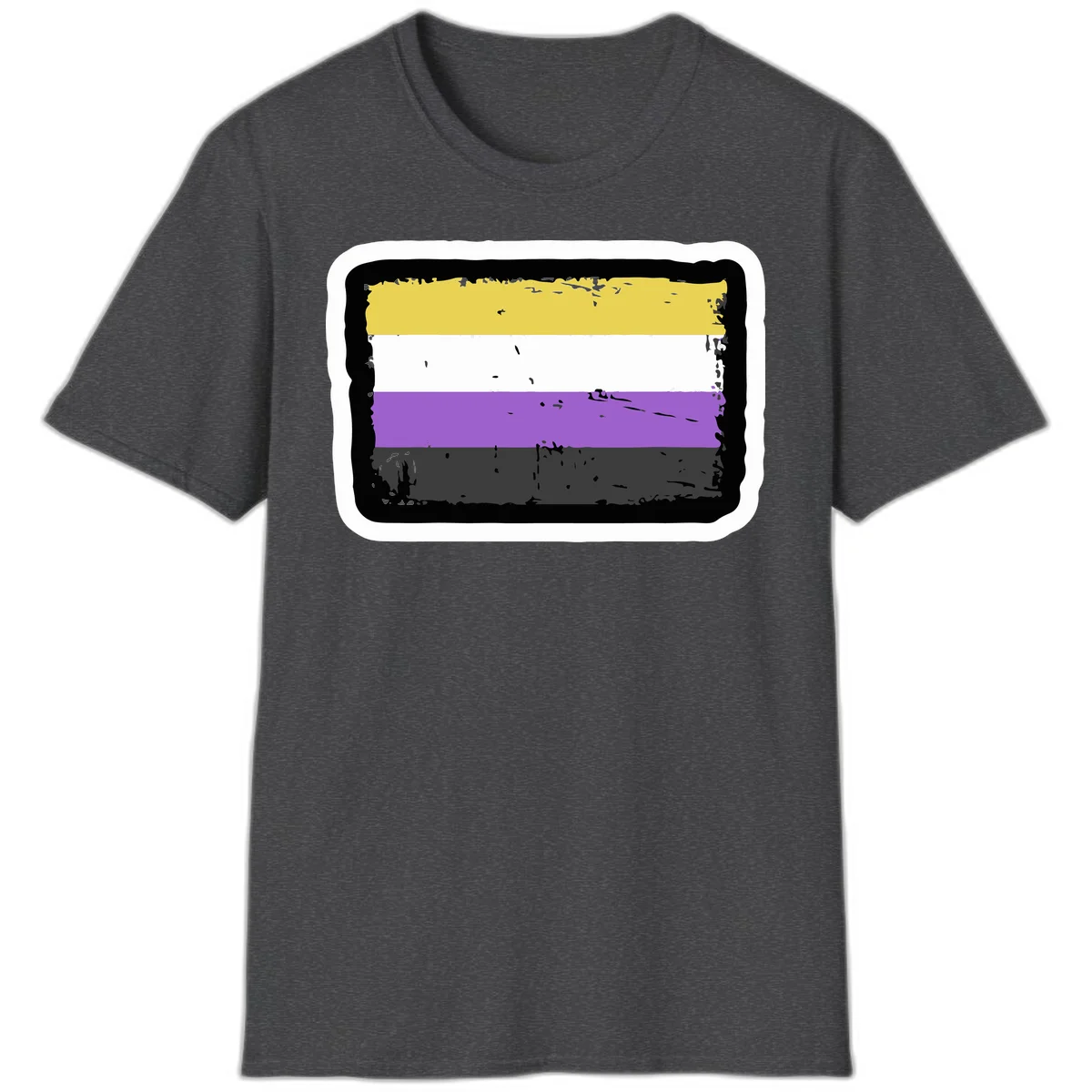 Nonbinary pride flag design with yellow, white, purple, and gray horizontal stripes in distressed grunge style in Dark Heather