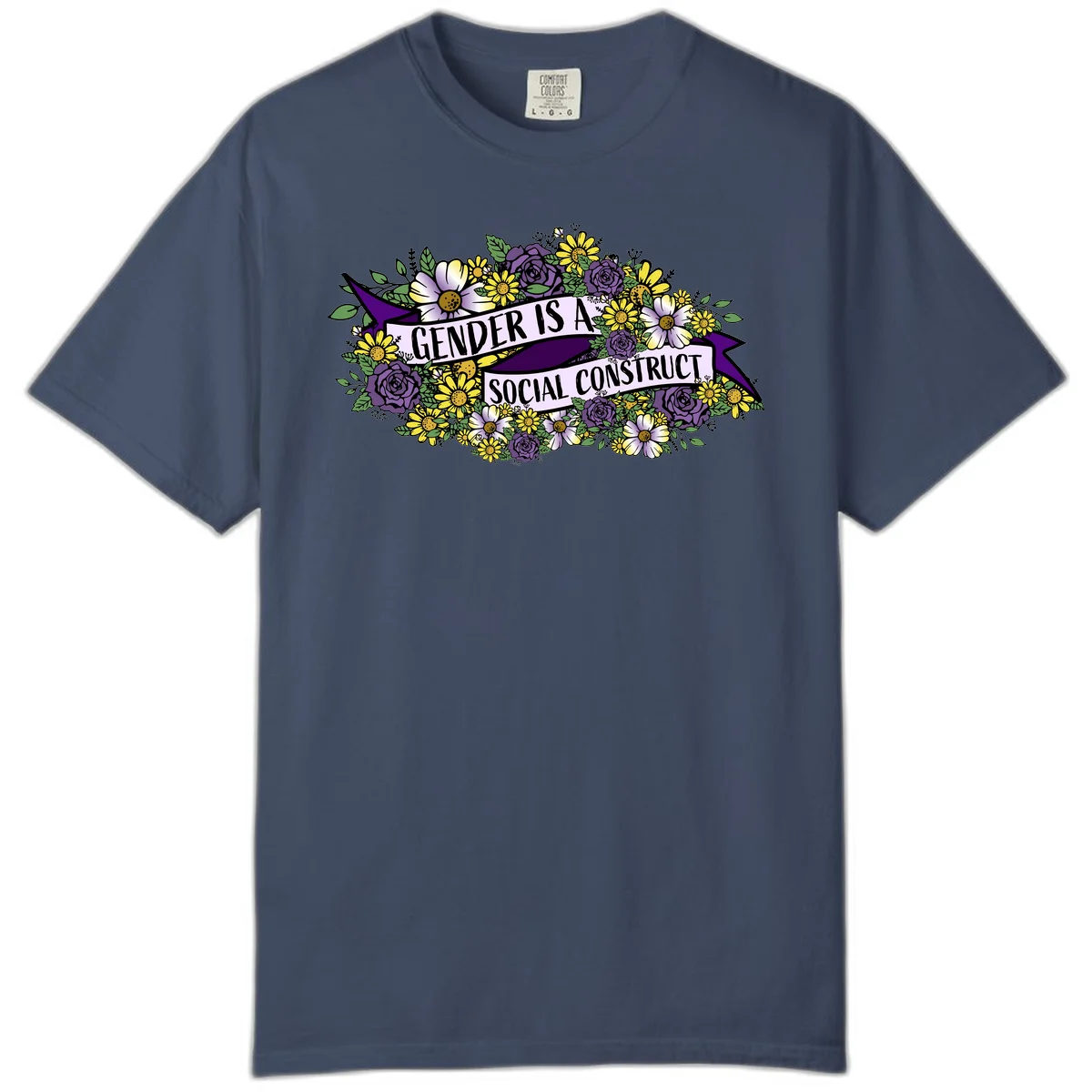 Colorful floral illustration with purple roses and yellow daisies surrounding a banner reading 'Gender Is A Social Construct' in bold text. in Midnight