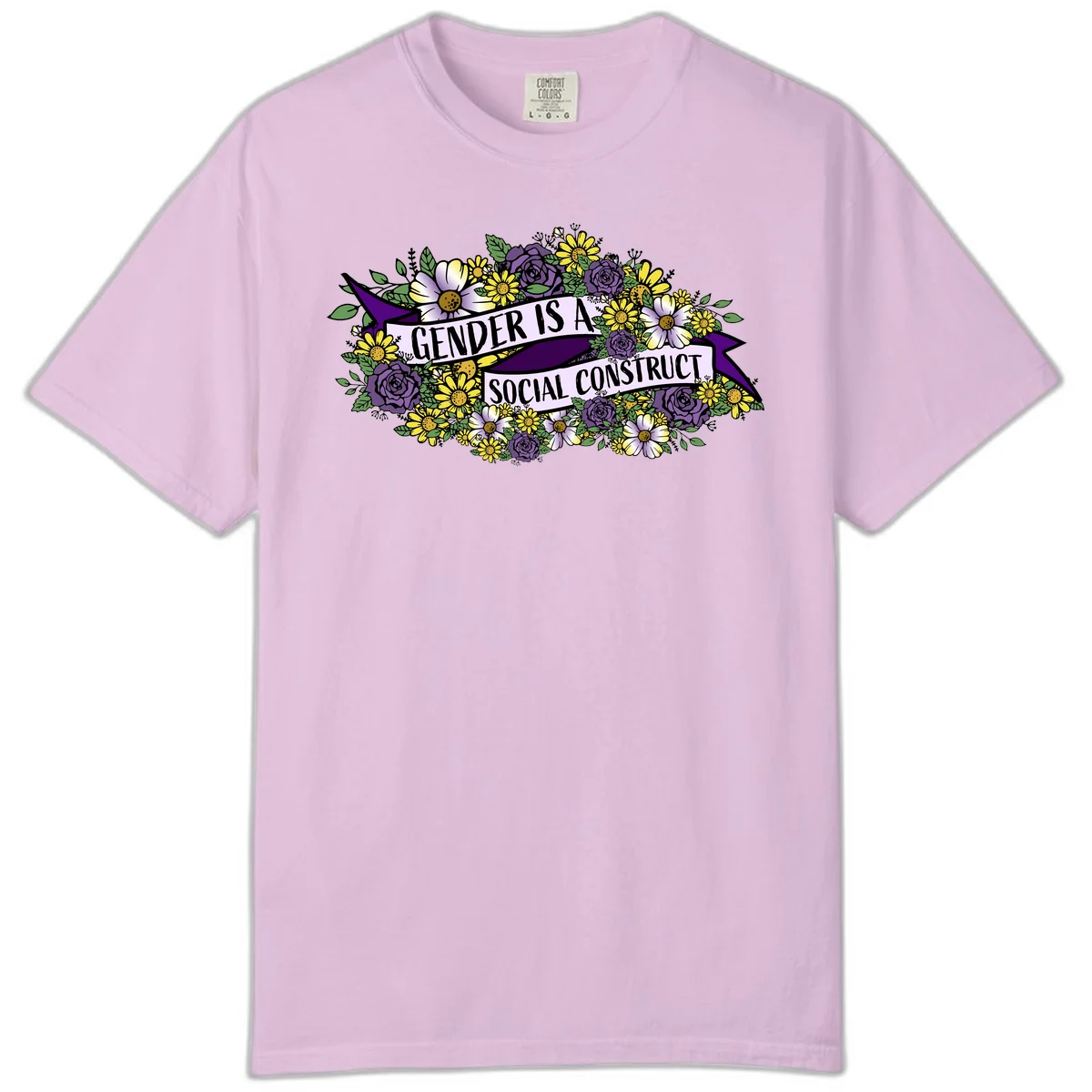 Colorful floral illustration with purple roses and yellow daisies surrounding a banner reading 'Gender Is A Social Construct' in bold text. in Orchid