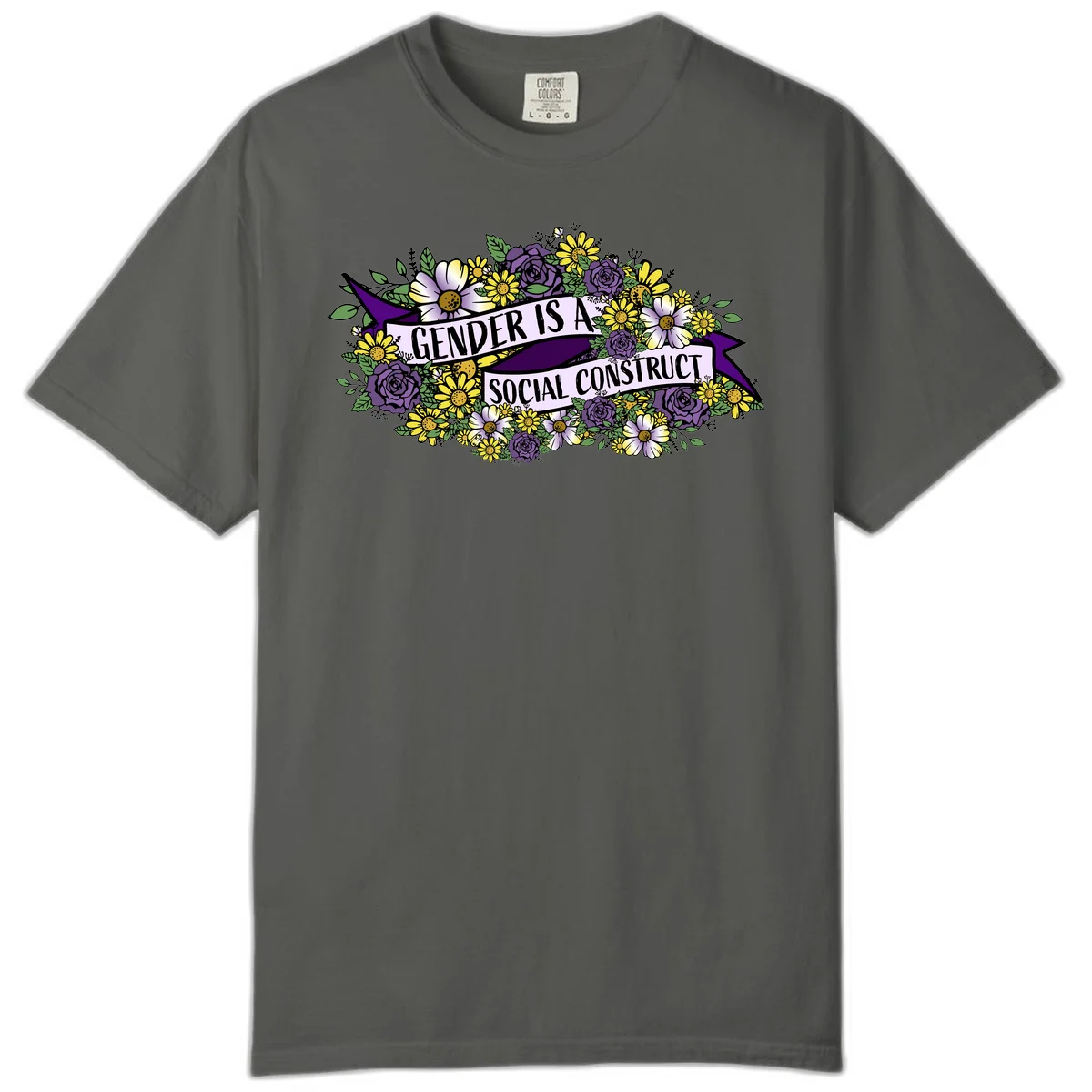 Colorful floral illustration with purple roses and yellow daisies surrounding a banner reading 'Gender Is A Social Construct' in bold text. in Pepper
