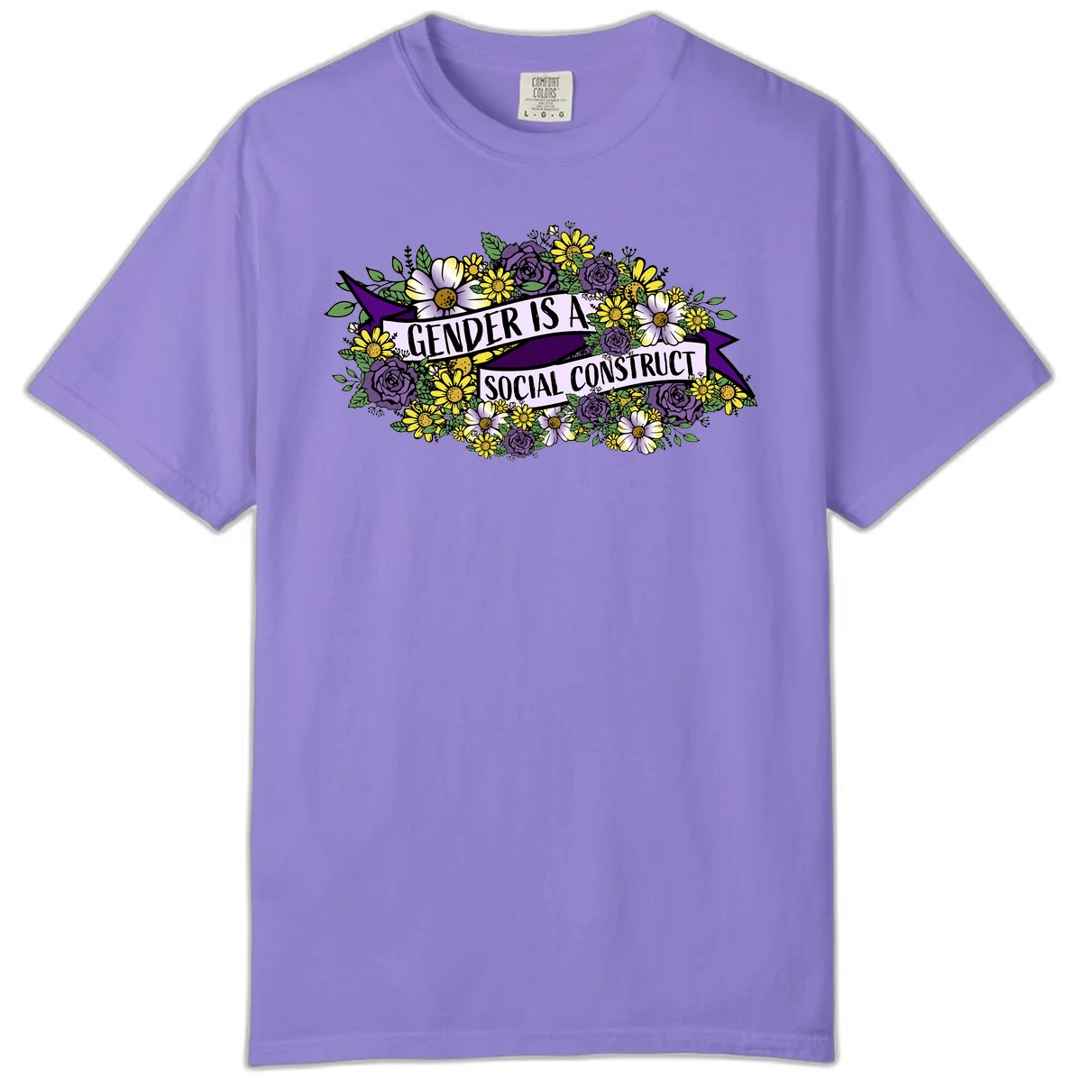 Colorful floral illustration with purple roses and yellow daisies surrounding a banner reading 'Gender Is A Social Construct' in bold text. in Violet