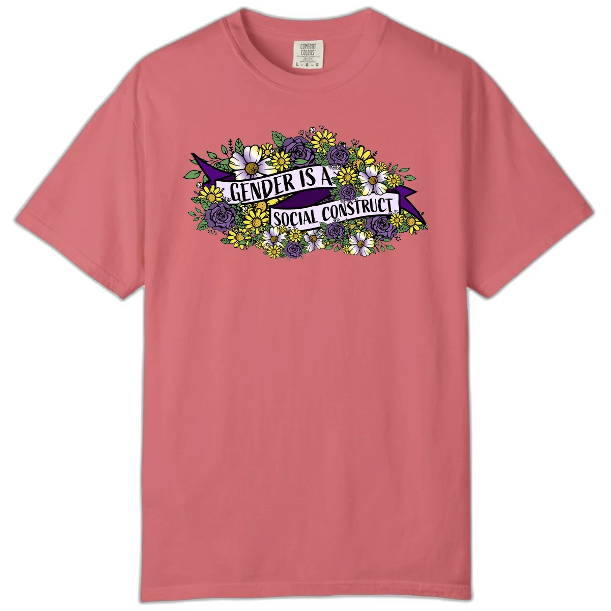 Colorful floral illustration with purple roses and yellow daisies surrounding a banner reading 'Gender Is A Social Construct' in bold text. in Watermelon