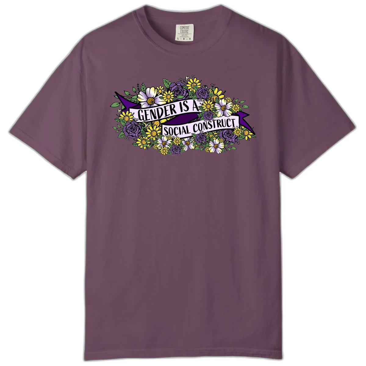 Colorful floral illustration with purple roses and yellow daisies surrounding a banner reading 'Gender Is A Social Construct' in bold text. in Berry