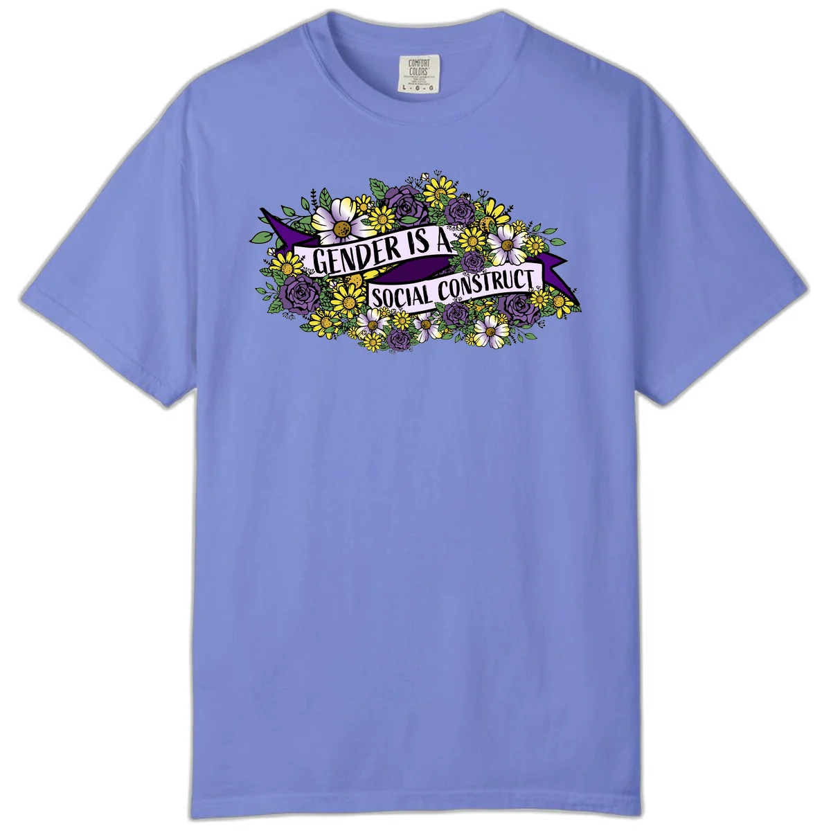 Colorful floral illustration with purple roses and yellow daisies surrounding a banner reading 'Gender Is A Social Construct' in bold text. in Flo Blue