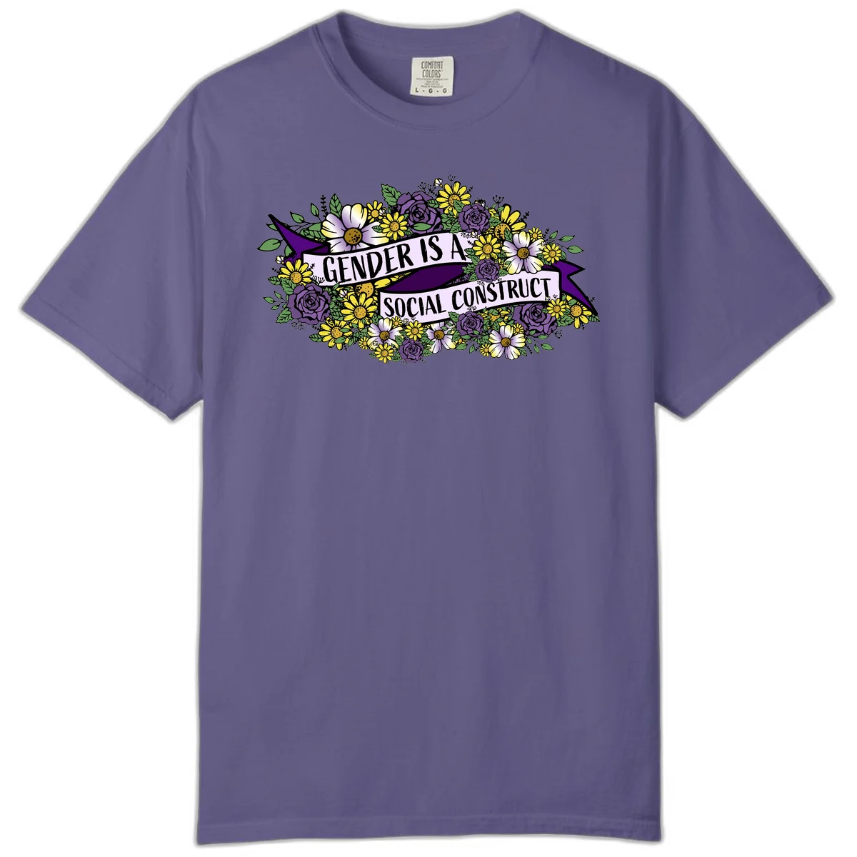 Colorful floral illustration with purple roses and yellow daisies surrounding a banner reading 'Gender Is A Social Construct' in bold text. in Grape