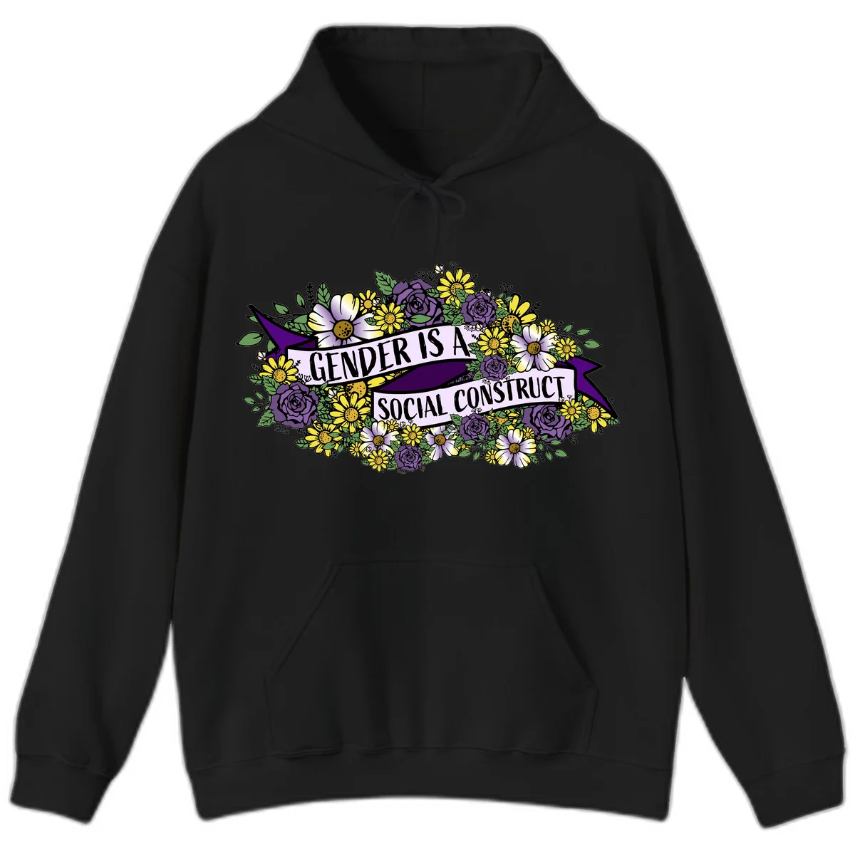Colorful floral illustration with purple roses and yellow daisies surrounding a banner reading 'Gender Is A Social Construct' in bold text. in Black