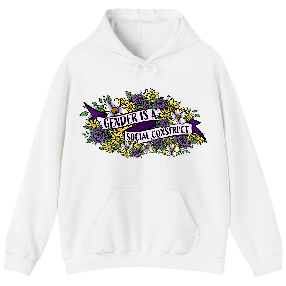 Colorful floral illustration with purple roses and yellow daisies surrounding a banner reading 'Gender Is A Social Construct' in bold text. in White