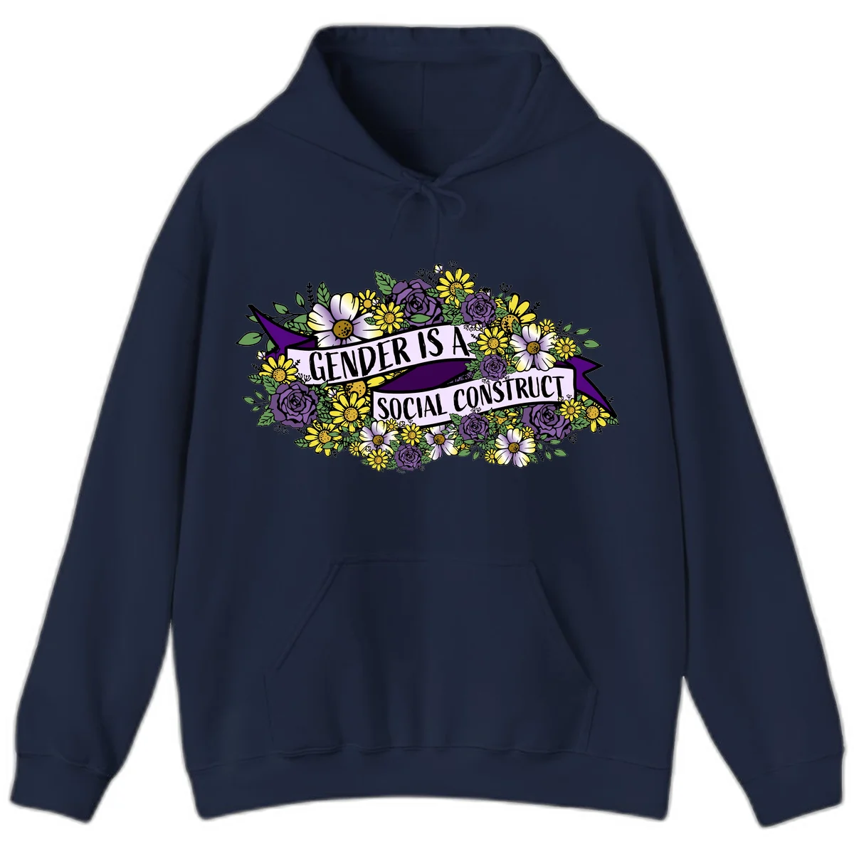Colorful floral illustration with purple roses and yellow daisies surrounding a banner reading 'Gender Is A Social Construct' in bold text. in Navy