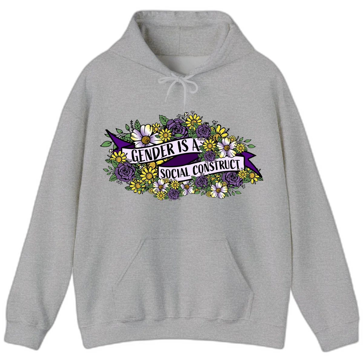Colorful floral illustration with purple roses and yellow daisies surrounding a banner reading 'Gender Is A Social Construct' in bold text. in Sport Grey