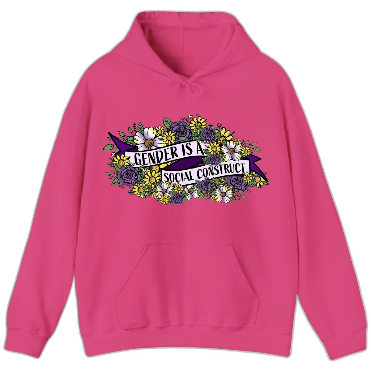 Colorful floral illustration with purple roses and yellow daisies surrounding a banner reading 'Gender Is A Social Construct' in bold text. in Heliconia