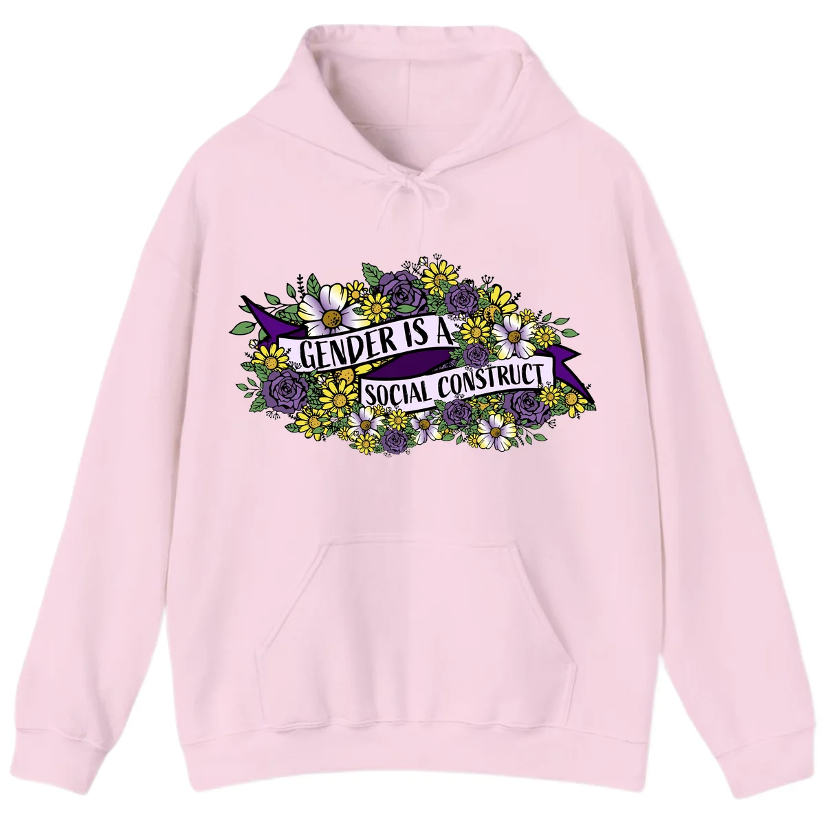 Colorful floral illustration with purple roses and yellow daisies surrounding a banner reading 'Gender Is A Social Construct' in bold text. in Light Pink