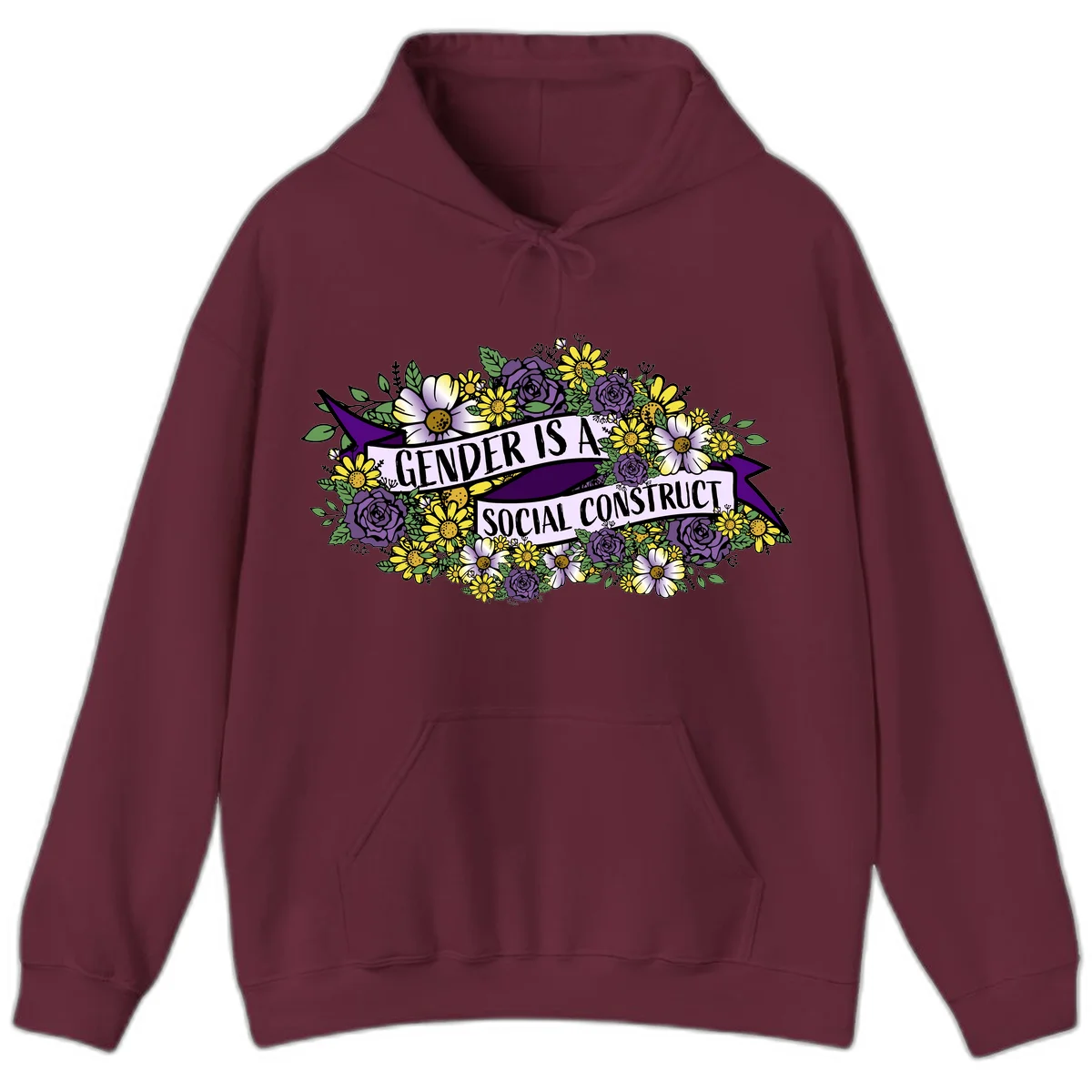 Colorful floral illustration with purple roses and yellow daisies surrounding a banner reading 'Gender Is A Social Construct' in bold text. in Maroon
