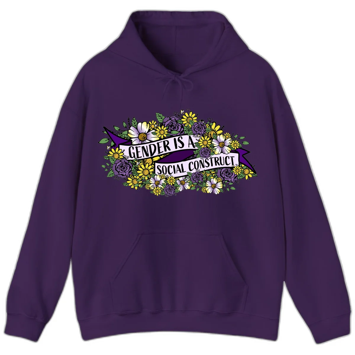 Colorful floral illustration with purple roses and yellow daisies surrounding a banner reading 'Gender Is A Social Construct' in bold text. in Purple