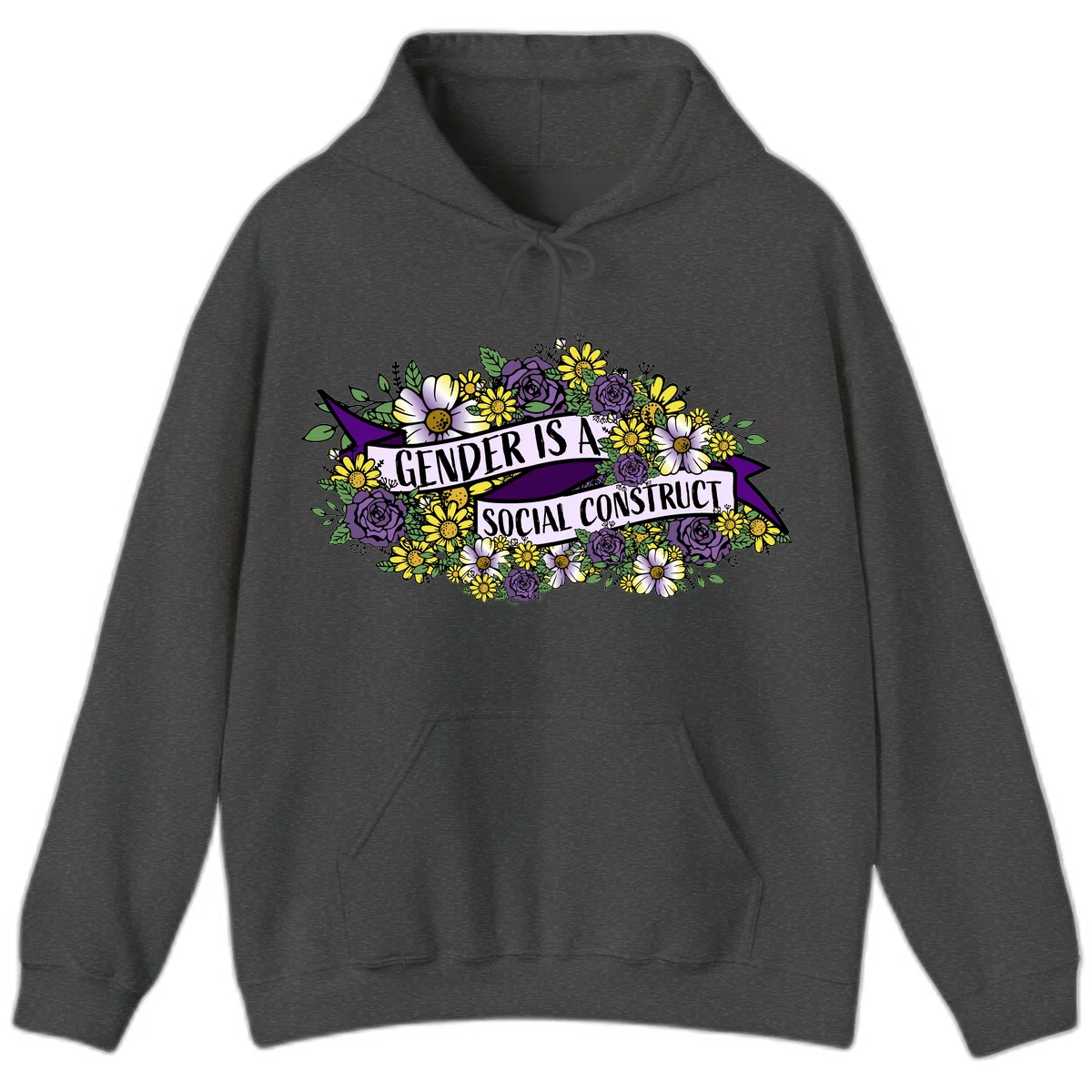 Colorful floral illustration with purple roses and yellow daisies surrounding a banner reading 'Gender Is A Social Construct' in bold text. in Dark Heather