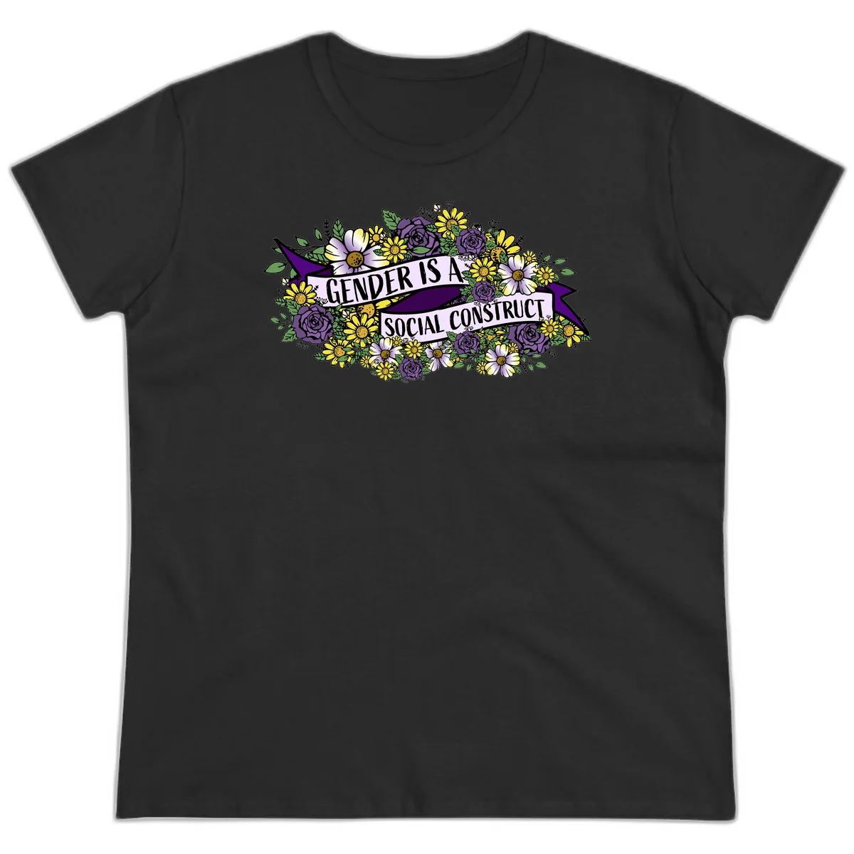 Colorful floral illustration with purple roses and yellow daisies surrounding a banner reading 'Gender Is A Social Construct' in bold text. in Black