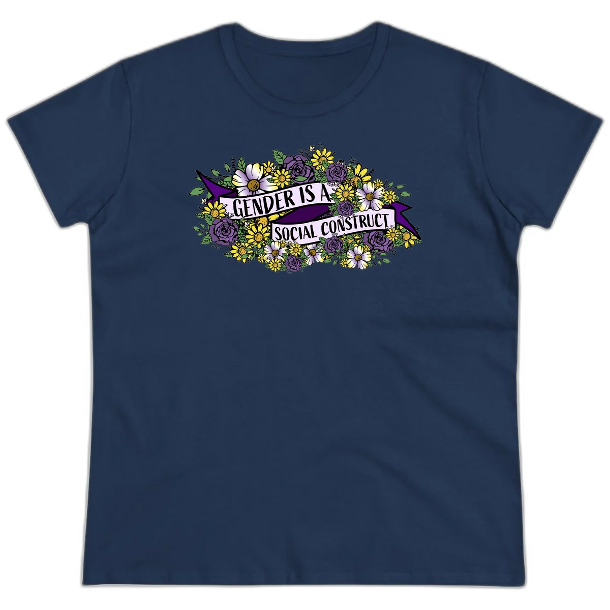 Colorful floral illustration with purple roses and yellow daisies surrounding a banner reading 'Gender Is A Social Construct' in bold text. in Navy