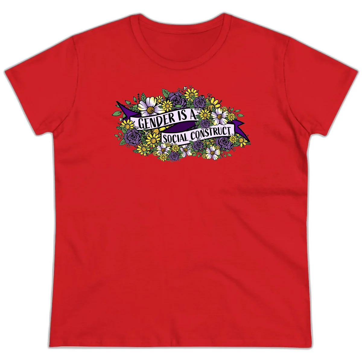 Colorful floral illustration with purple roses and yellow daisies surrounding a banner reading 'Gender Is A Social Construct' in bold text. in Red