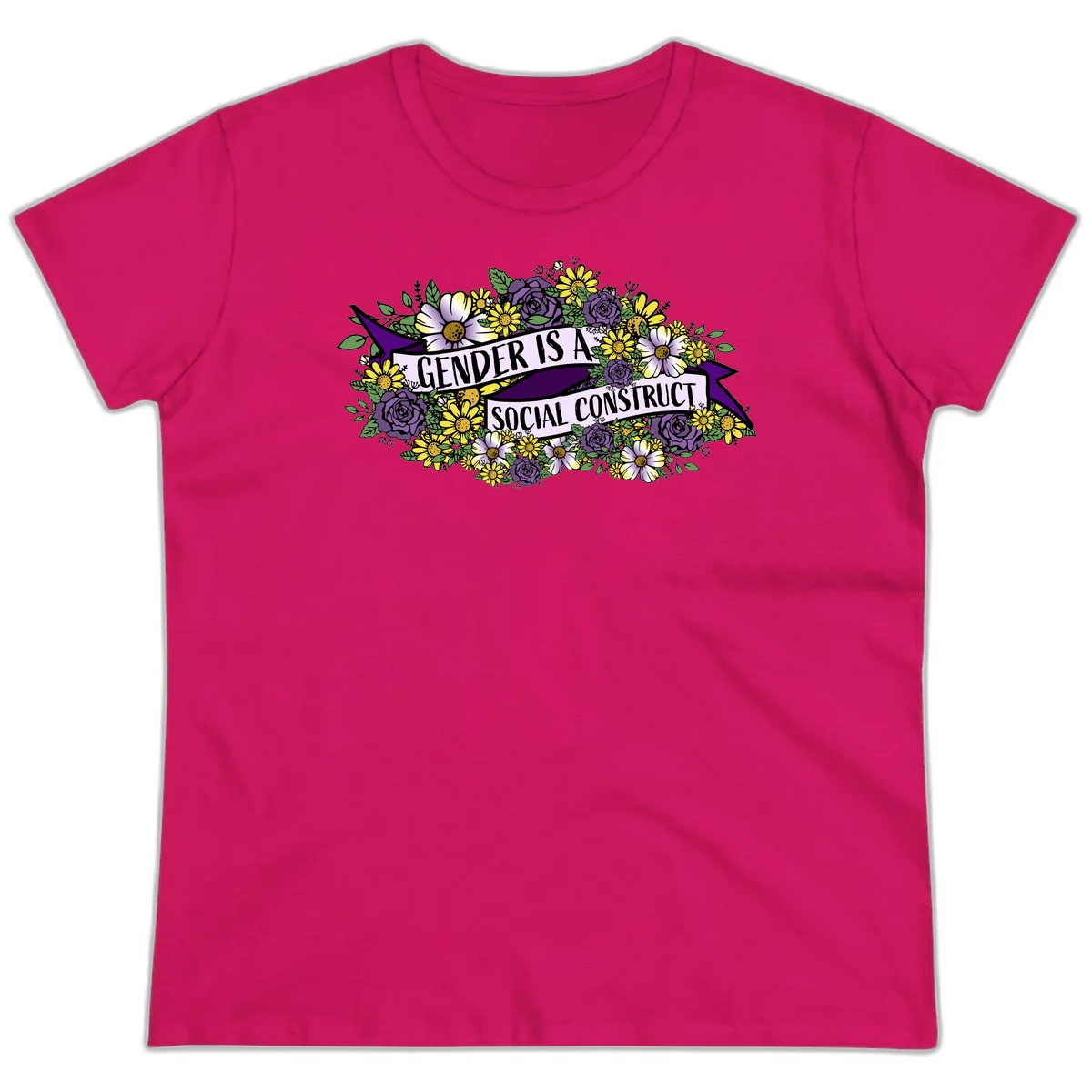 Colorful floral illustration with purple roses and yellow daisies surrounding a banner reading 'Gender Is A Social Construct' in bold text. in Heliconia