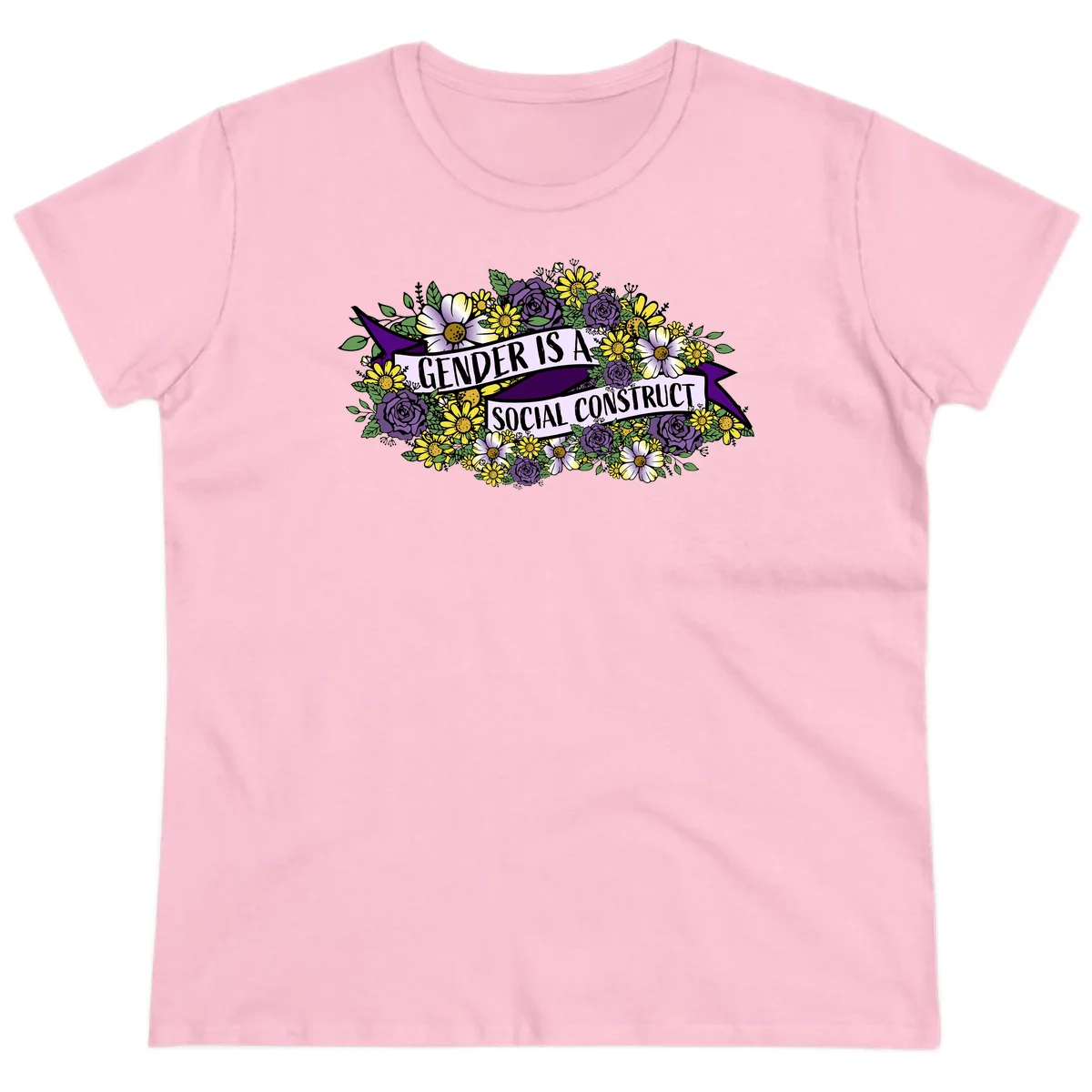 Colorful floral illustration with purple roses and yellow daisies surrounding a banner reading 'Gender Is A Social Construct' in bold text. in Light Pink