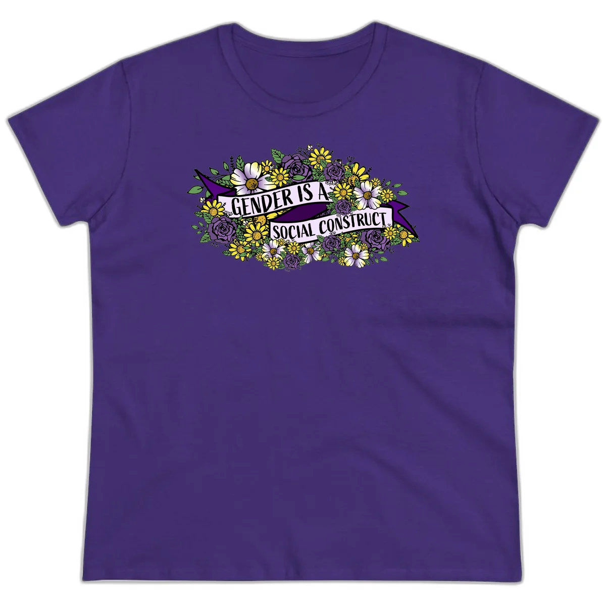 Colorful floral illustration with purple roses and yellow daisies surrounding a banner reading 'Gender Is A Social Construct' in bold text. in Purple