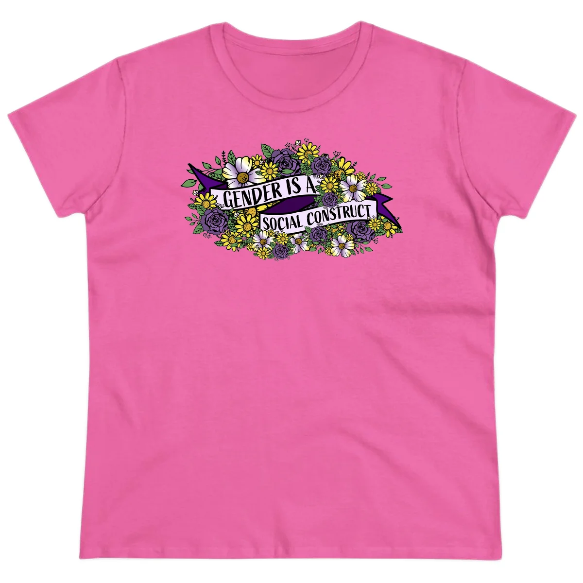 Colorful floral illustration with purple roses and yellow daisies surrounding a banner reading 'Gender Is A Social Construct' in bold text. in Azalea